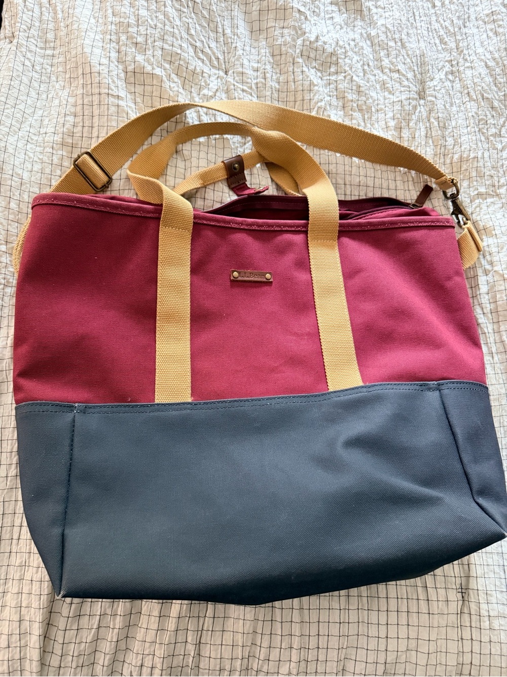 L.L.Bean Nor'easter Tote Bag, Large
 Tote in Burgundy and Navy with Tan Straps